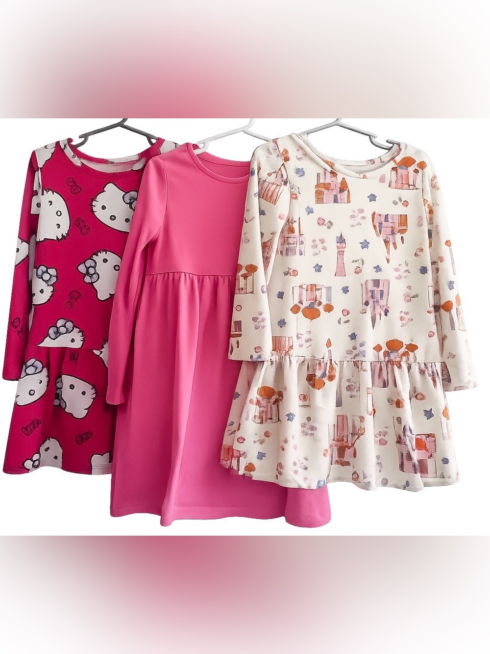 Lot of 3 Girls Long Sleeve Dresses Size 4T Hello Kitty Princess Pink